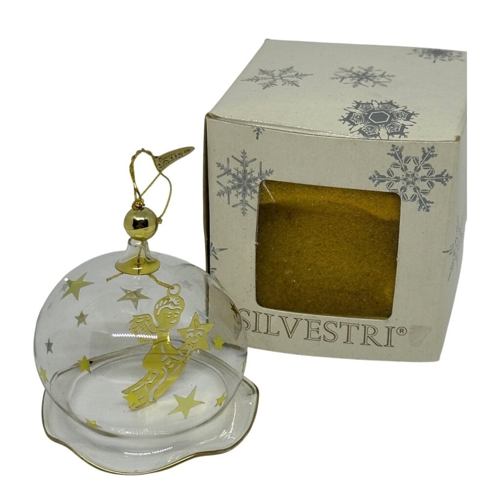 VTG Silvestri Glass Bell Ornament Gold Angel Star Dome Boxed 2" Christmas Decor‎